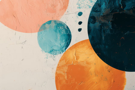 Abstract painting with colorful circles on textured background.の素材
