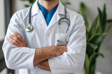 Male doctor with stethoscope and crossed arms.の素材