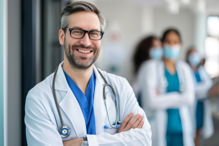 Happy male doctor in a white coat with a stethoscope against a backdrop of colleaguesの素材