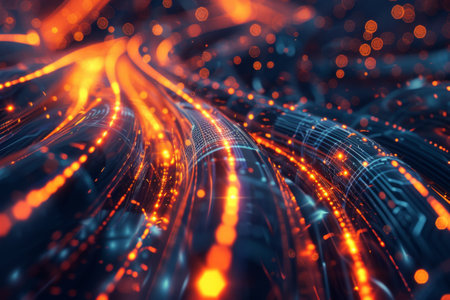 Magenta optical fibers depicting dynamic data flow, representing digital connectivity and network.の素材