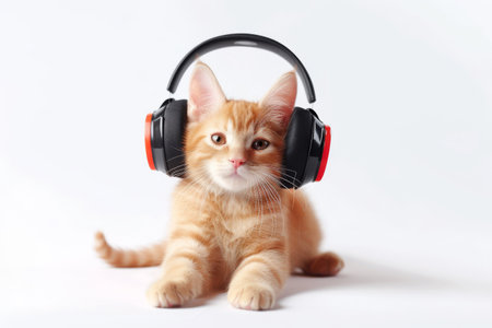 Ginger kitten with black and red headphones.の素材