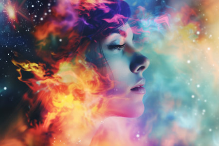 Female profile with fiery and cosmic elements.の素材