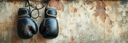 Old black boxing gloves hanging on wall.の素材