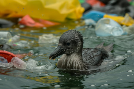 Bird swimming among plastic debris.の素材