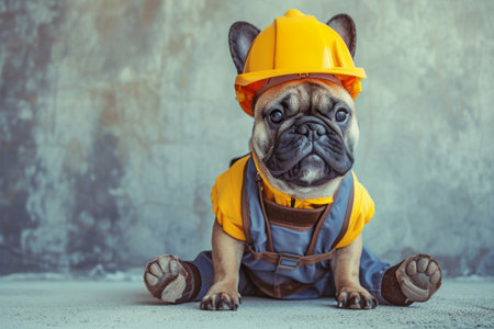 Pug in construction helmet and vest.の素材