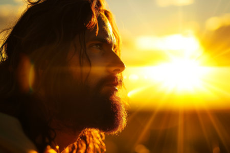 Jesus Christ against the background of the sunset rays of the sun.の素材