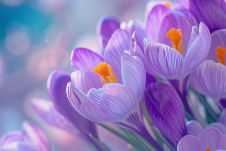 Dew on crocus petals in early morning light, giving flowers a fresh appearanceの素材