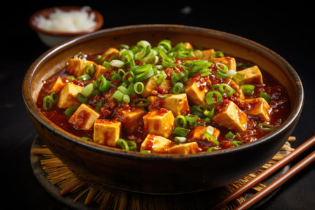 Ma Po Tofu in a ceramic bowl. Chinese food cultureの素材