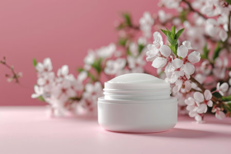 Cream jar on pink with flowersの素材