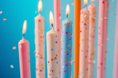 Lit candles on a festive background with colorful confetti.の素材