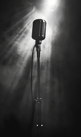 Black and white image of a microphone in smoke on a dark background with lighting from above.の素材