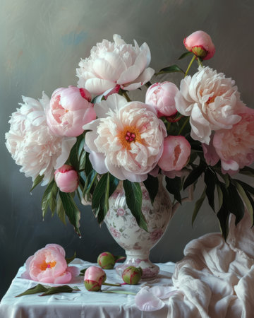 Pink peonies on a light background.の素材