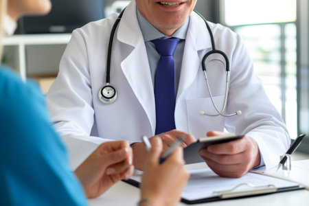 Smiling male doctor in coat, tie holding notepad, joyful expression.の素材