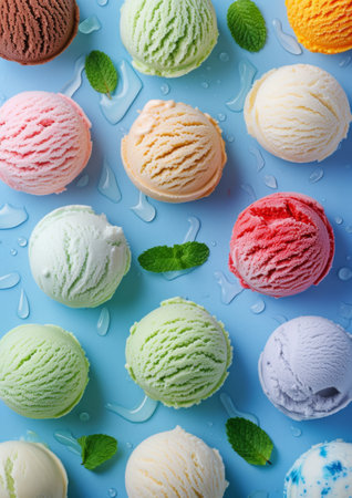 Ice cream scoops of different colors, blue background with berries.の素材