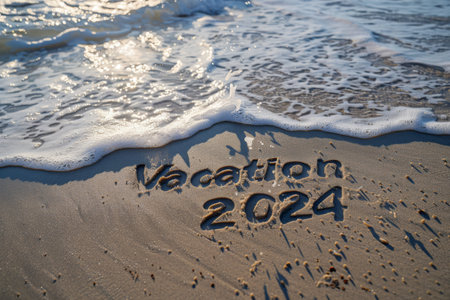 "Vacation 2024" on ocean shore.の素材