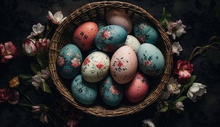 Decorated Easter eggs with patterns and paintings in a dark woven basket, adorned with flowers on a dark blue backgroundの素材