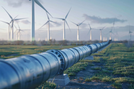 Wind turbines at dawn with pipeline over green field.の素材