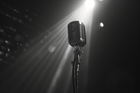 Black and white image of a microphone with a bright light and rays of light on the background.の素材
