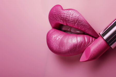 Lips coated in pink lipstick with tube.の素材