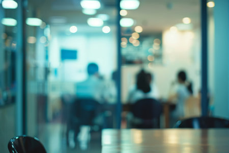 Blurred view of office with employees working through glass wallの素材