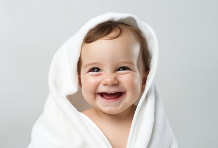 Happy baby in white towel with wide smile.の素材