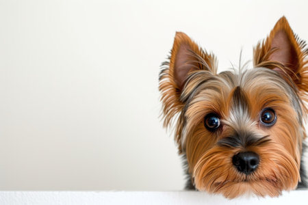 Terrier peeking over edge on a white backgroundの素材