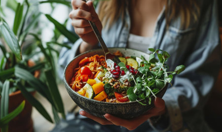 Woman holding a colorful bowl of salad with nutsの素材