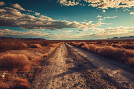 Road through desert landscape. Traveling on a road through the desertの素材