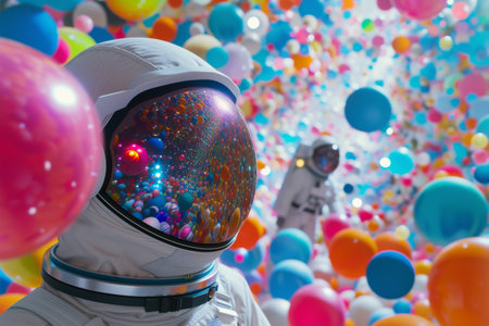 Astronaut among colorful balloons. Exploration and fun in space styleの素材