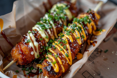 Korean corn dogs with sesame and green onion on dish.の素材