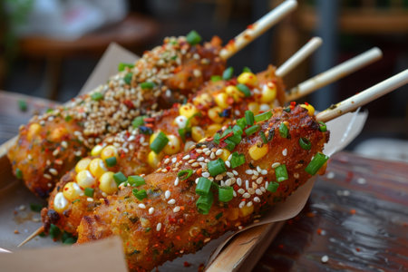 Korean corn dog with sesame and green onions on plate.の素材