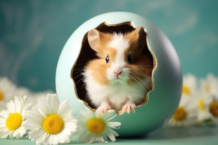 A rabbit peeking out from a cracked Easter egg among daisies on a teal backgroundの素材