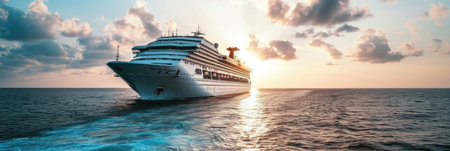 Cruise liner at dawn in open sea.の素材
