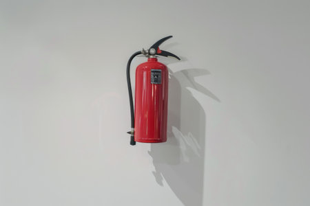Red fire extinguisher on wall with shadow.の素材