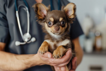Chihuahua in the hands of a veterinarian at the clinic.の素材