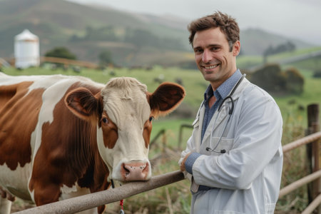 Veterinarian in white coat with stethoscope standing by a Holstein Friesian cow against green hills and farm.の素材