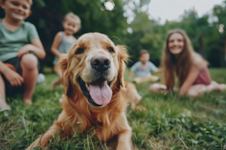 Golden retriever in front of family in garden.の素材
