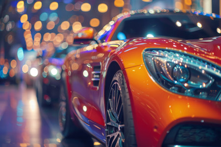 Red sports car in car dealership with bokeh effects and lights.の素材