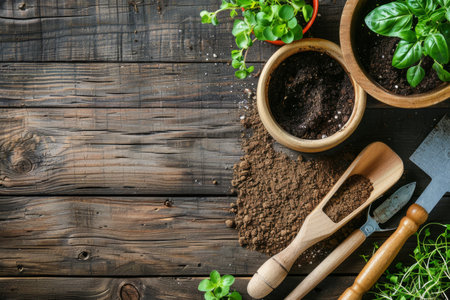 Gardening tools and plants on wooden backgroundの素材