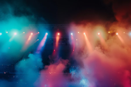 Stage with bright lighting and smoke at a concert.の素材