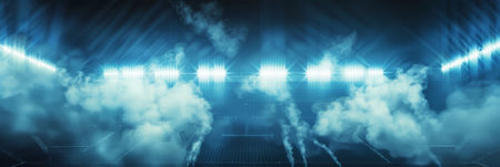 Concert scene with bright light beams and smoke.の素材