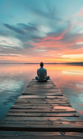 Man meditating on a pier at sunset.の素材
