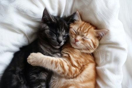 Ginger and gray cat sleeping and hugging on a white blanket.の素材