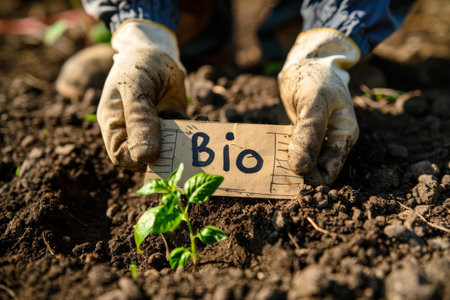 Gardener's hands in gloves holding a BIO sign next to a seedling.の素材