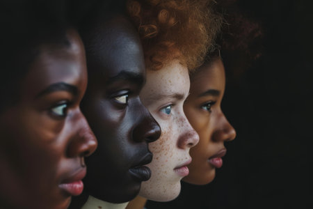 Profiles of three diverse ethnicities standing side by side.の素材