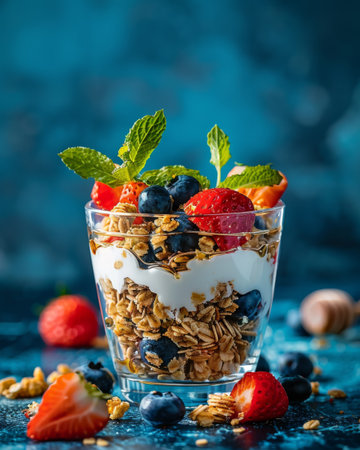 Granola with berries and mint.の素材