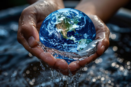 Earth globe in hands with water droplets, environmental conceptの素材