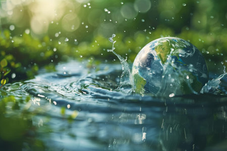 Earth globe with water splashes on green background, vitality.の素材