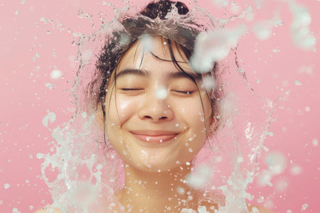 Girl enjoying water on her face.の素材