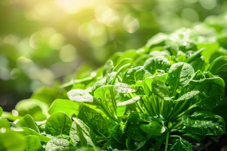 Green leaves with fresh dew. Natural freshnessの素材